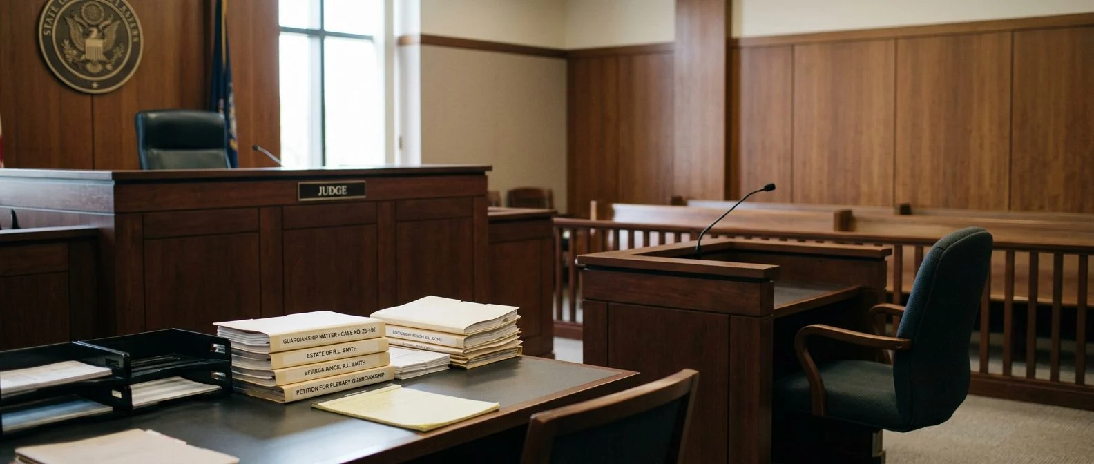 Judge's bench and clerk's desk in an empty courtroom during a plenary guardianship hearing.