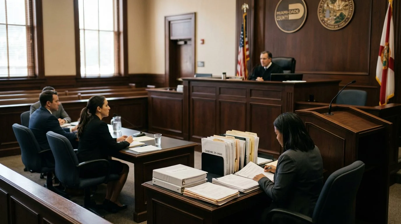 Judge's bench and witness stand in a courtroom during a plenary guardianship hearing.