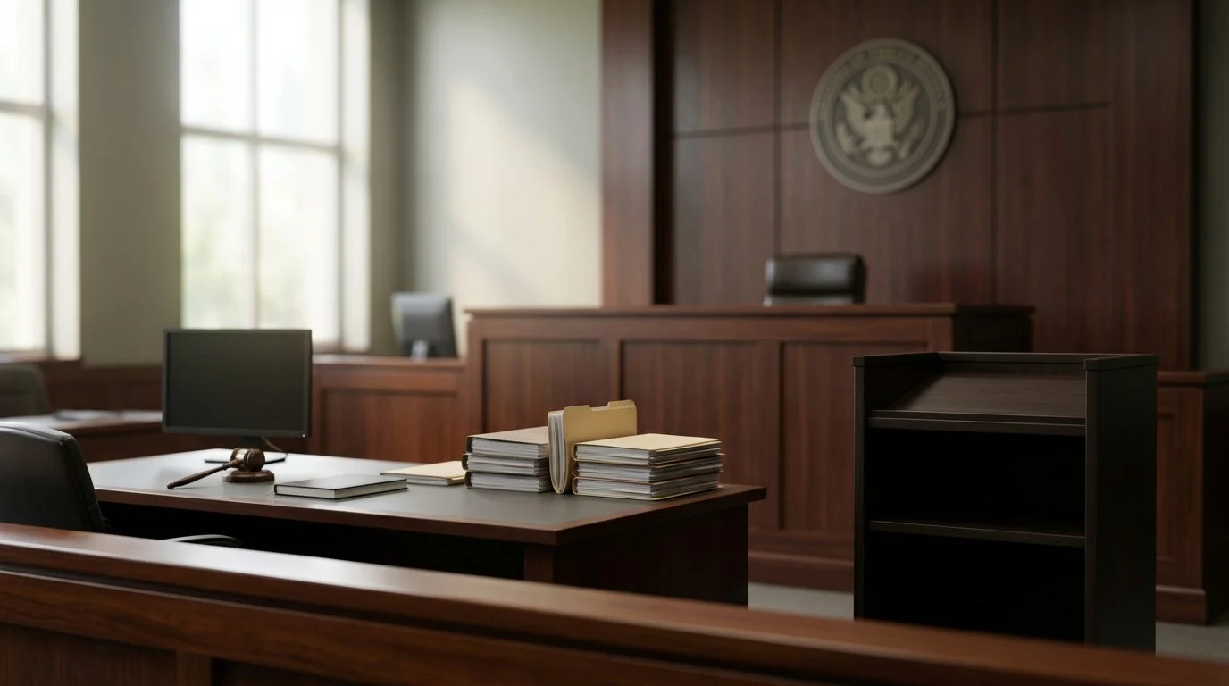 Judge's bench and witness stand in a courtroom during a plenary guardianship hearing.