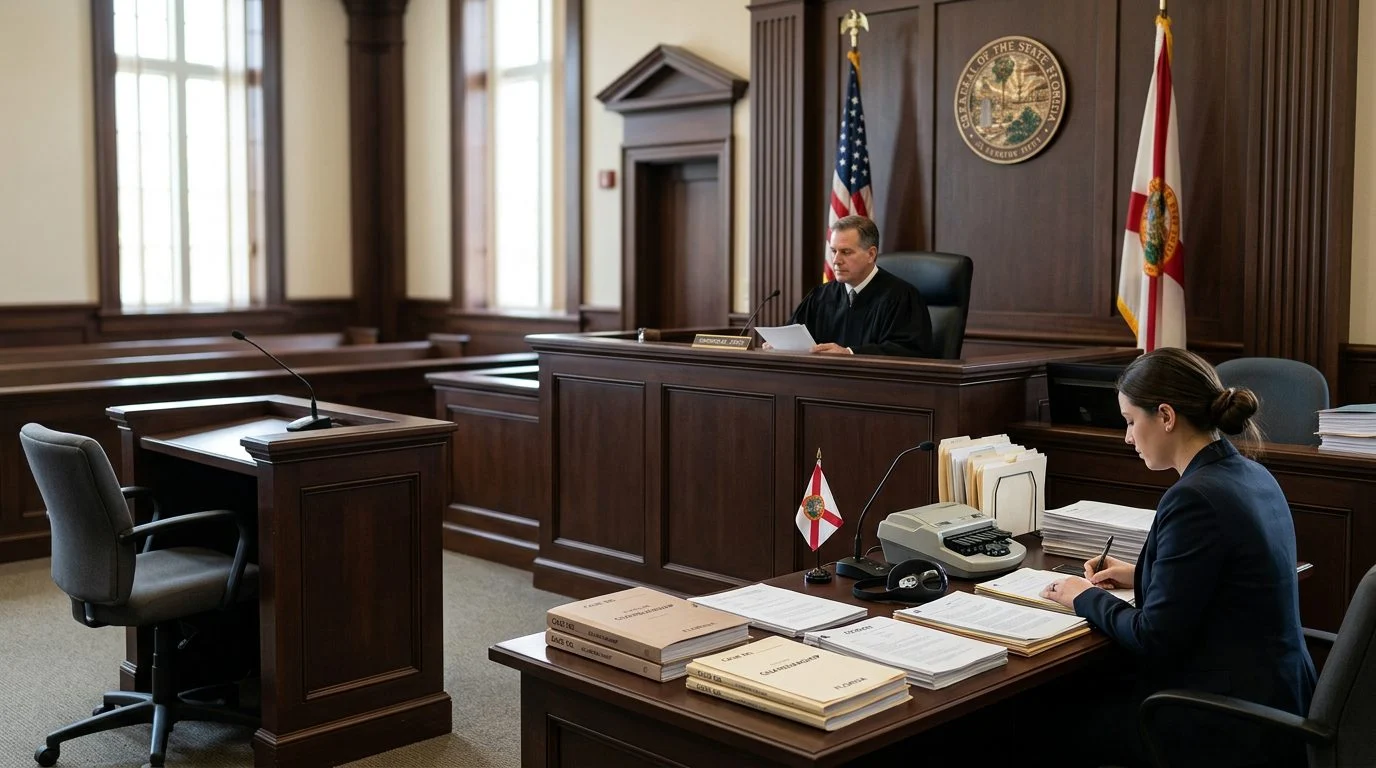 Judge's bench and witness stand in a Florida courtroom during a plenary guardianship hearing.