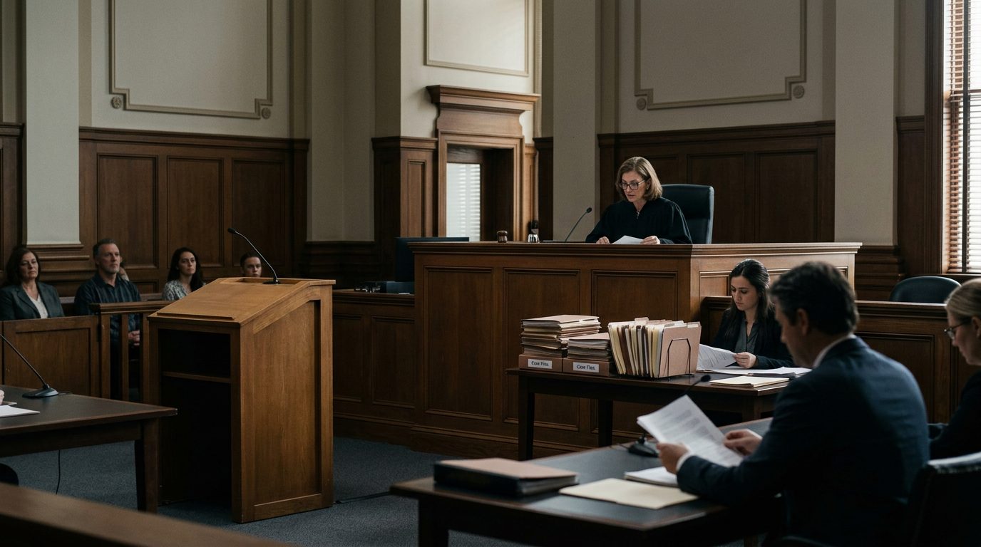 Judge's bench and witness stand in a Florida courtroom during a guardianship hearing.