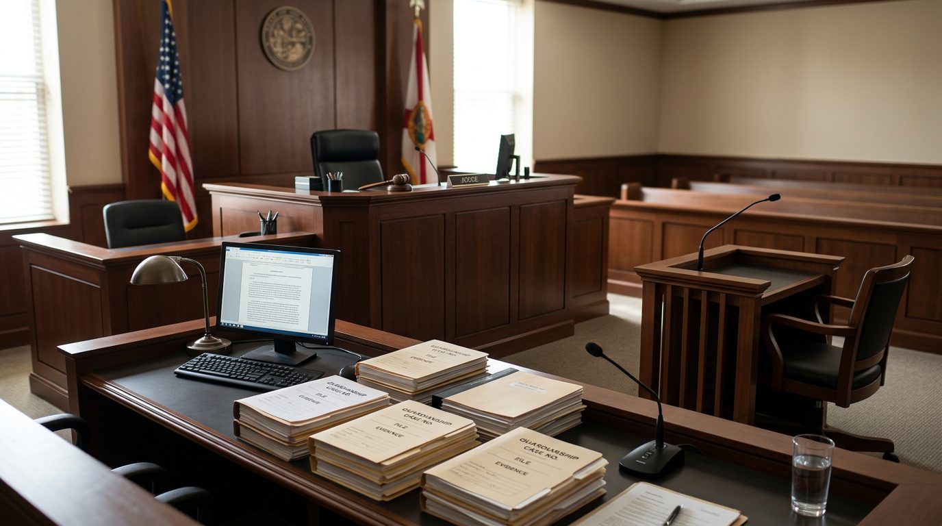 Judge's bench and witness stand in a Florida courtroom during a guardianship hearing.