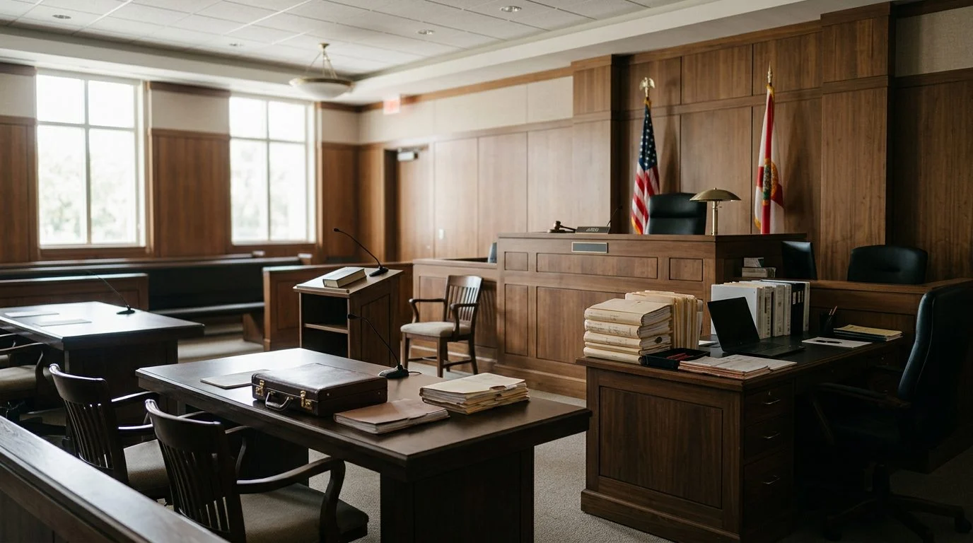 Judge's bench and witness stand in an empty courtroom during a plenary guardianship hearing.