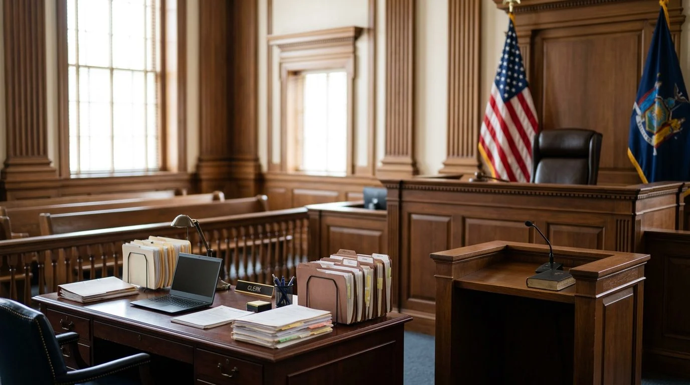 Judge's bench and witness stand in empty courtroom during plenary guardianship hearing.