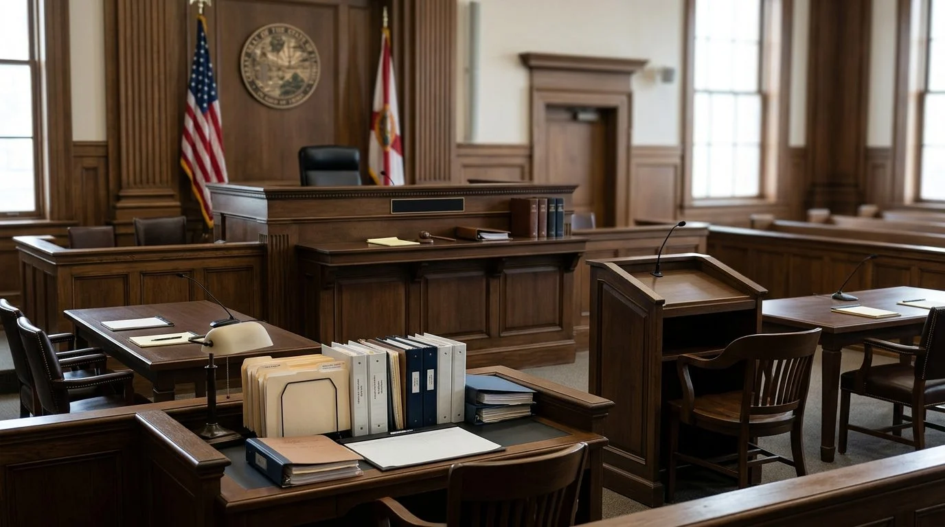 Judge's bench and witness stand in empty Florida courtroom during plenary guardianship hearing.
