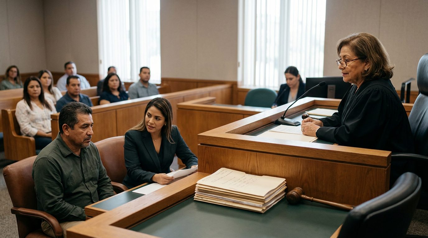 Juez en sala de audiencias con expedientes durante procedimiento de internamiento involuntario.