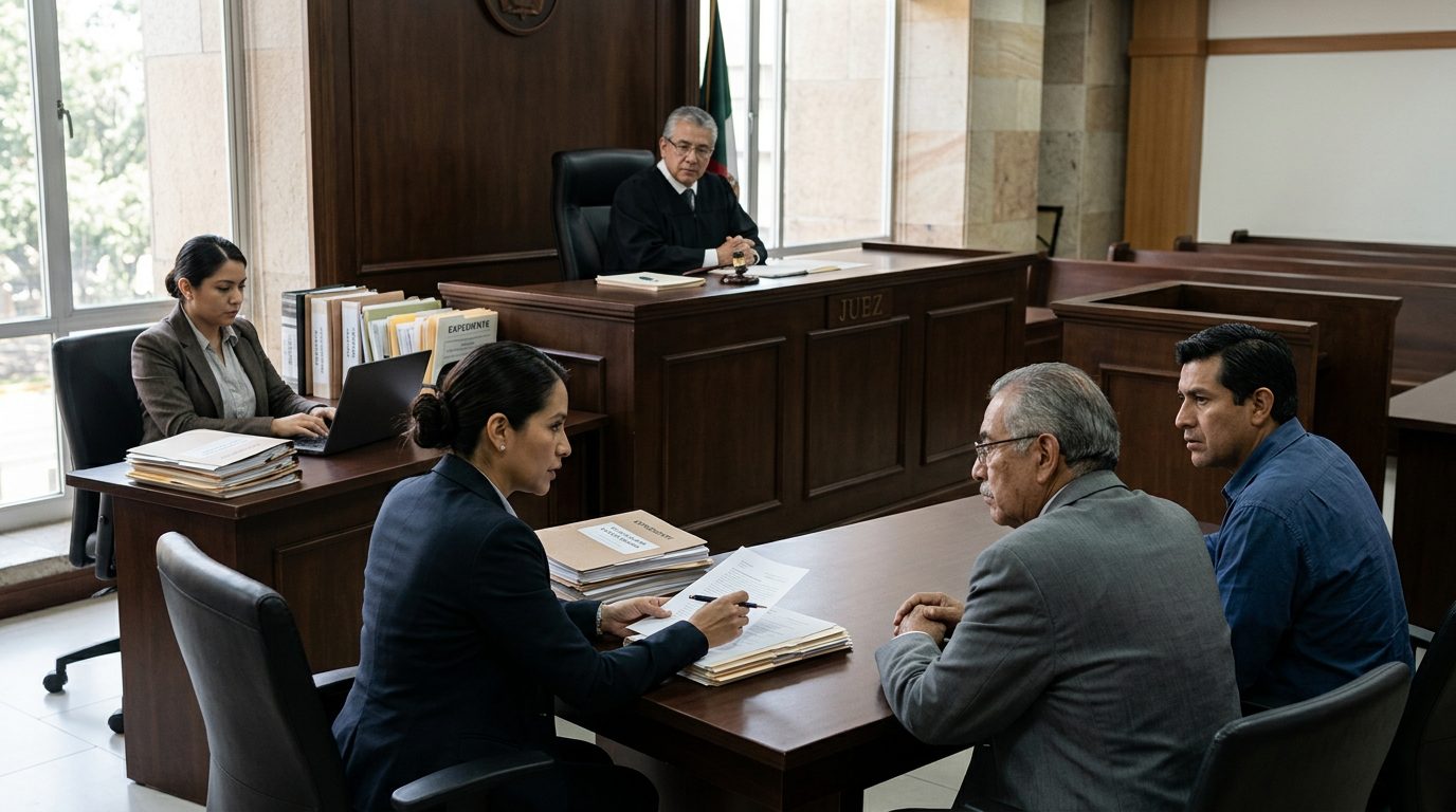 Juez en sala de audiencias con expedientes durante vista de tutela.