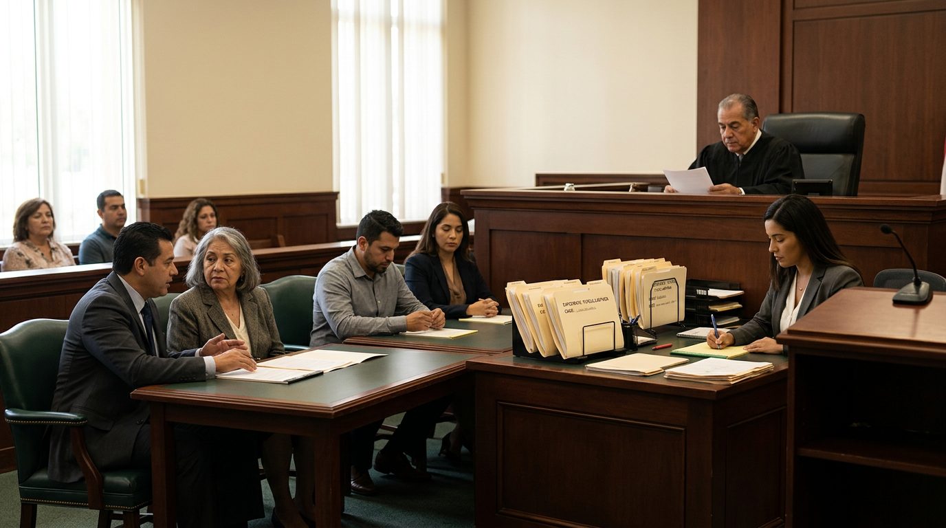Juez en sala de audiencias durante procedimiento de tutela limitada para adultos en Florida.