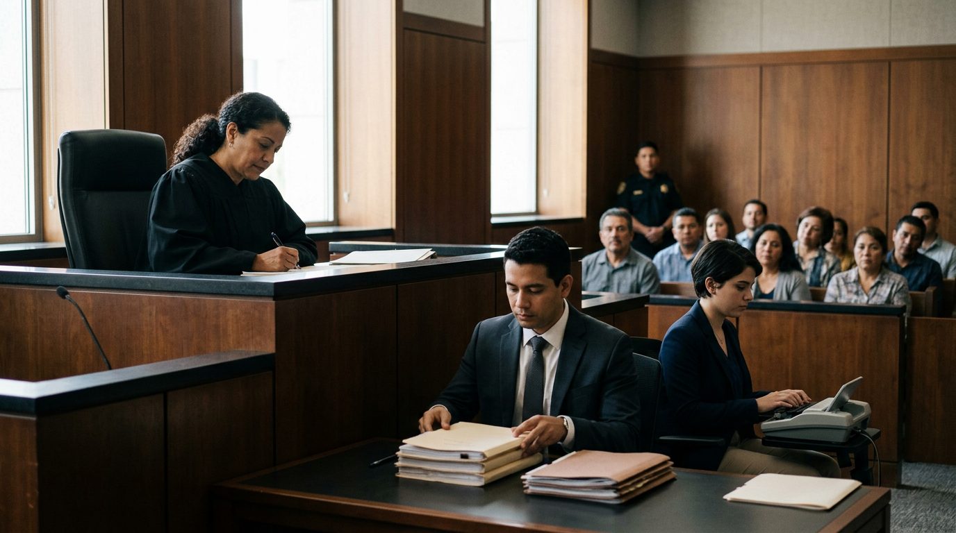 Juez en sala de audiencias durante vista de tutela con expedientes en escritorio.