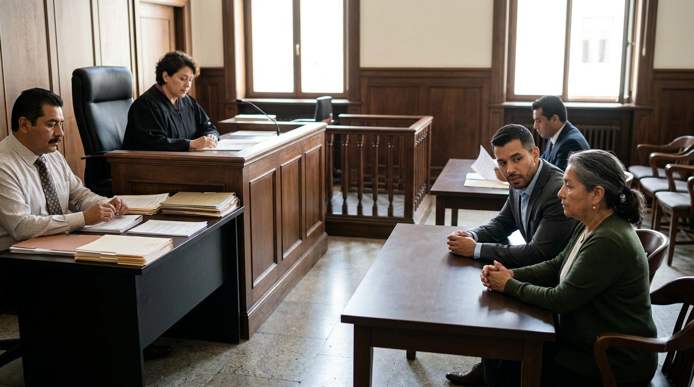 Juez en sala de audiencias durante vista de tutela con expedientes en escritorio.