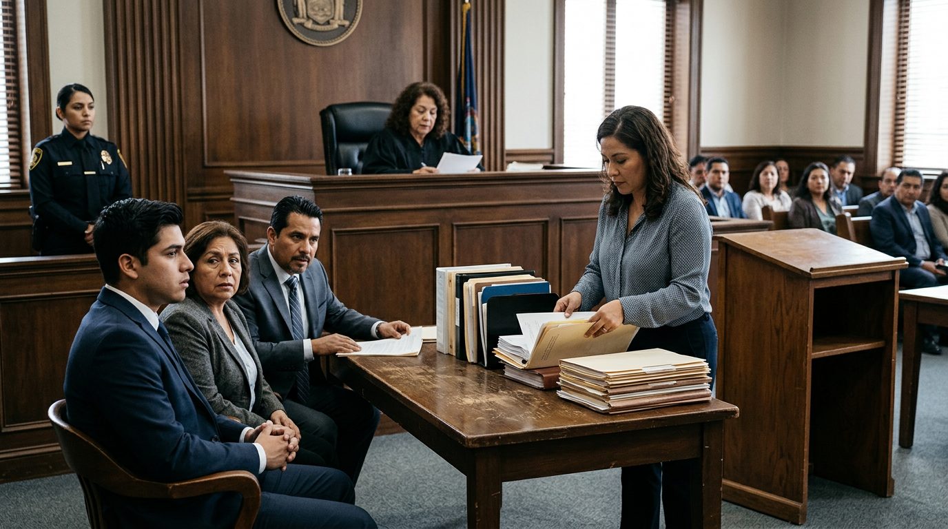 Juez en sala de audiencias durante vista de tutela con expedientes en escritorio.