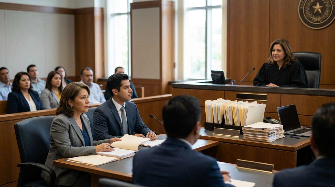 Juez en sala de audiencias durante vista de tutela con expedientes en escritorio.