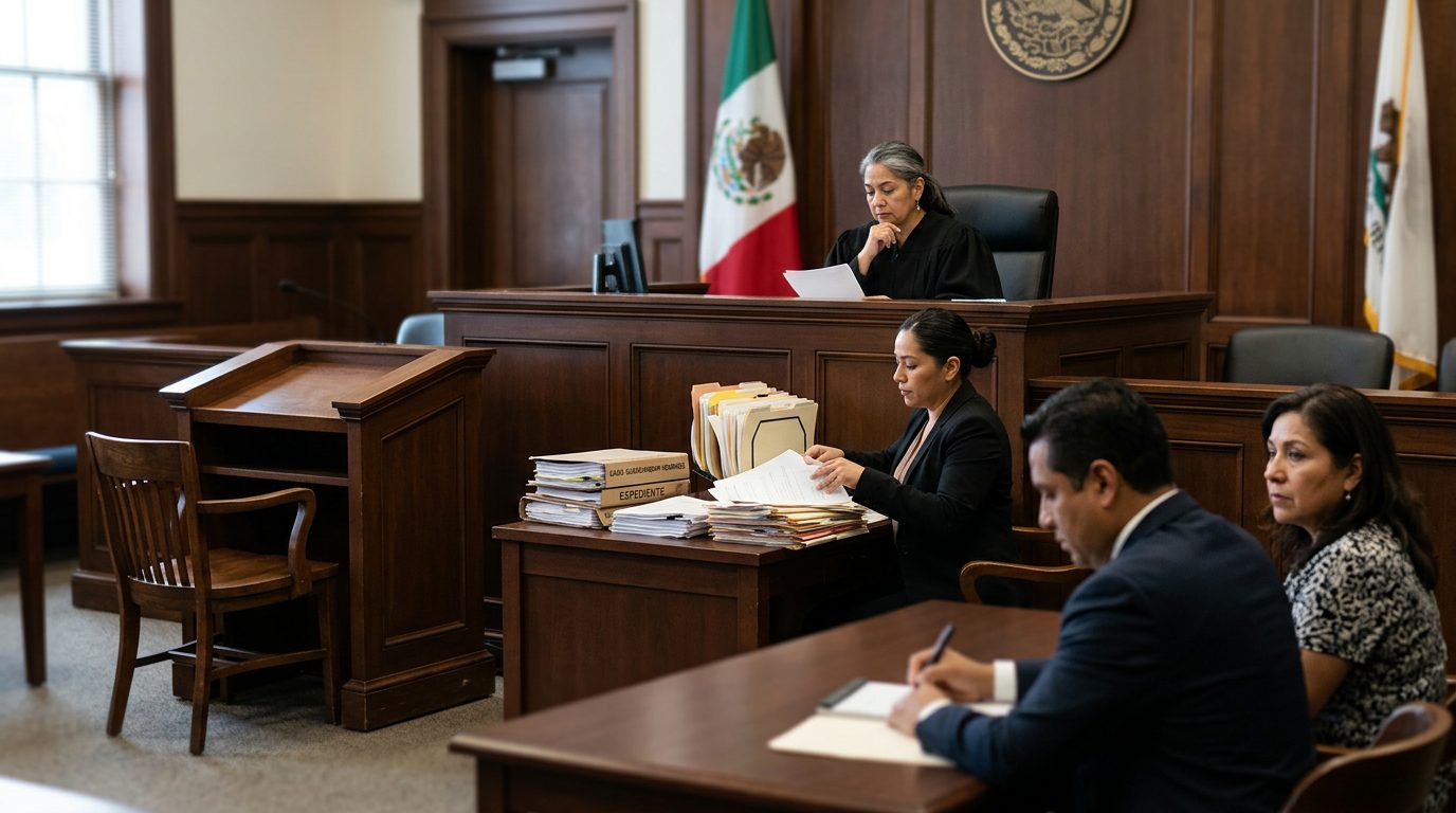 Juez en sala de audiencias durante vista de tutela con expedientes en escritorio.