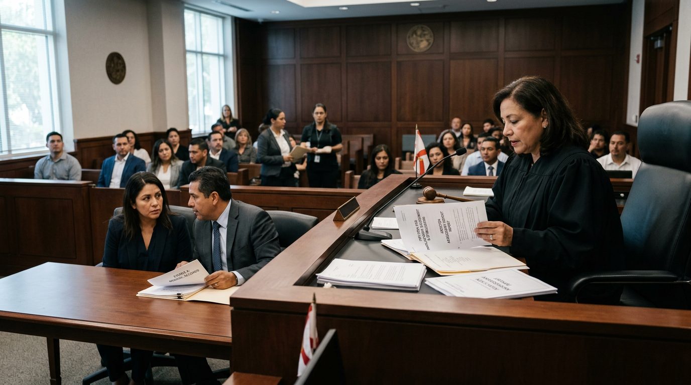 Juez revisa documentos de petición de compromiso involuntario en audiencia Marchman con abogado y reportes presentes.