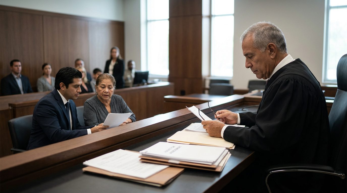 Juez revisa documentos de petición de internamiento involuntario en audiencia de Ley Marchman.