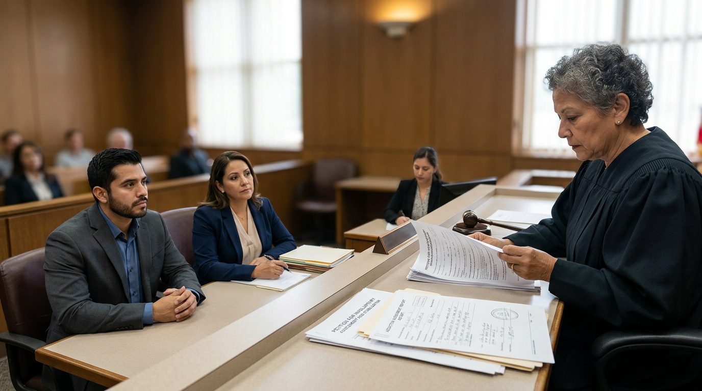 Juez revisa documentos de petición de internamiento involuntario en audiencia de acto legal.