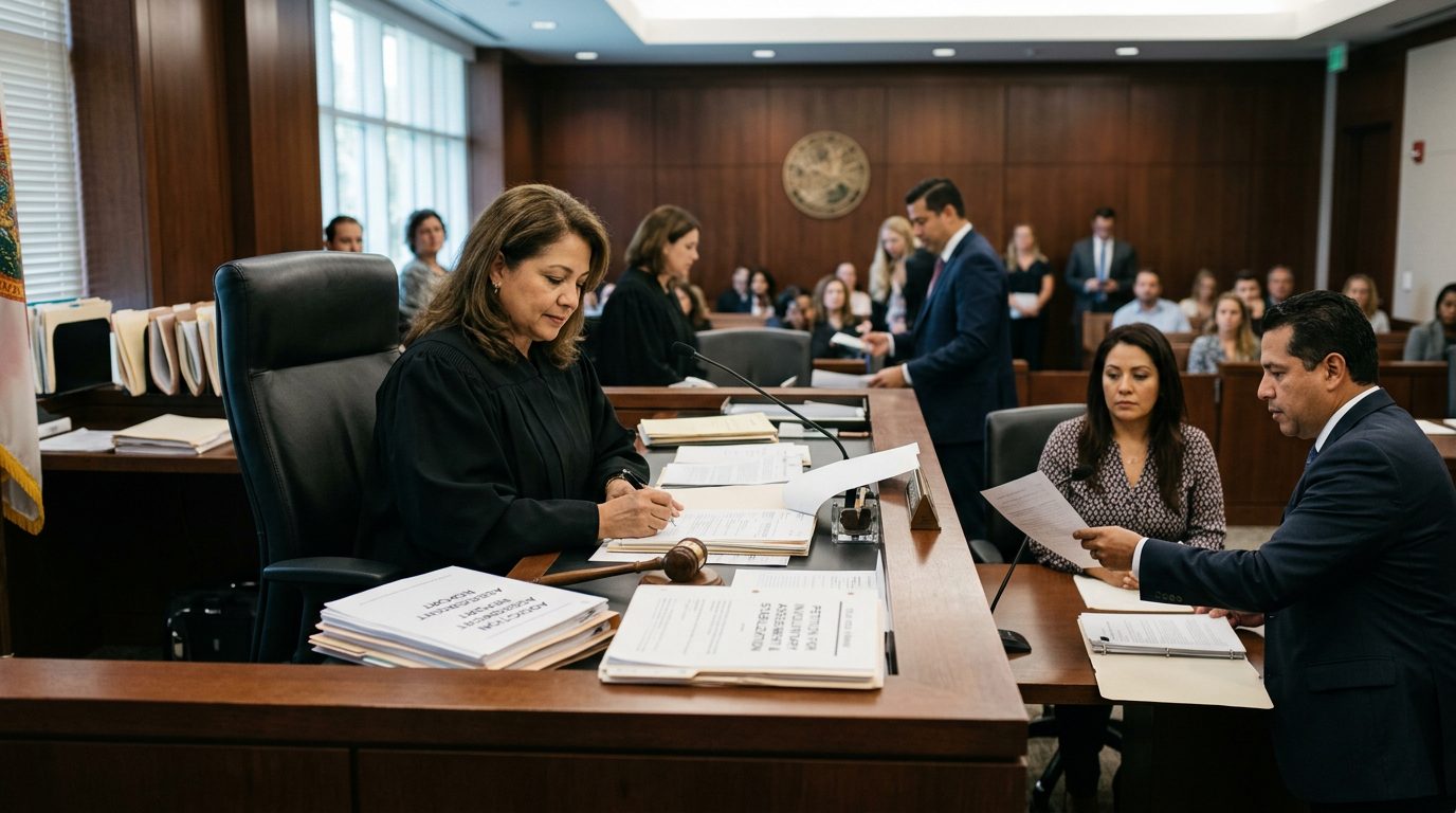 Juez revisa documentos de petición de internamiento involuntario en audiencia de Ley Marchman.