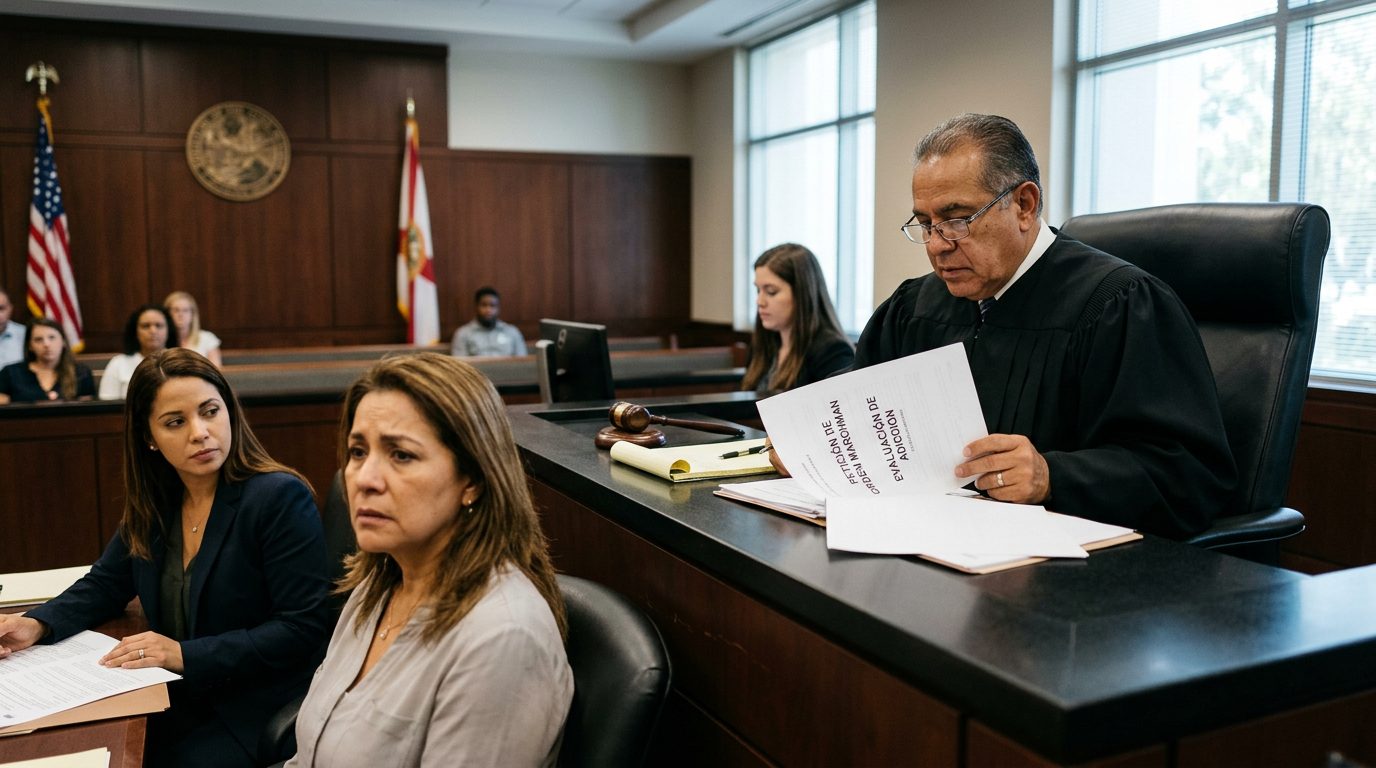 Juez revisa documentos de petición de internamiento involuntario en audiencia de Orden Marchman.
