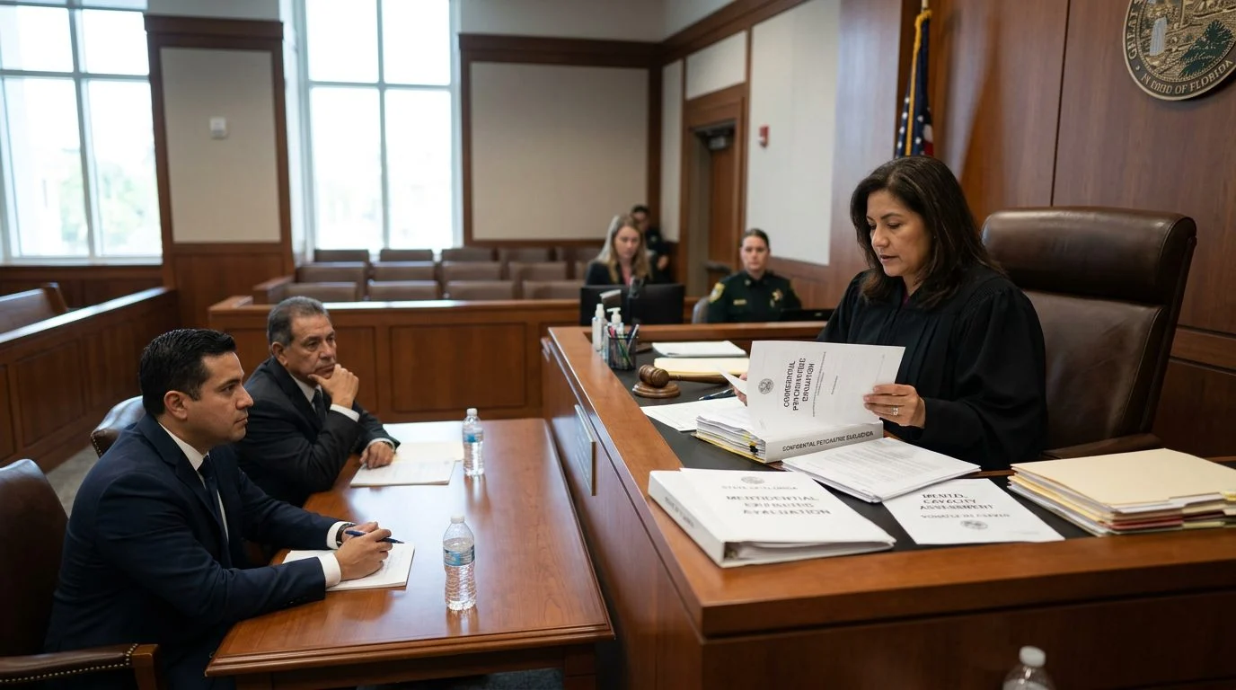 Juez revisa evaluaciones psiquiátricas en audiencia de tutela de salud mental en Florida.
