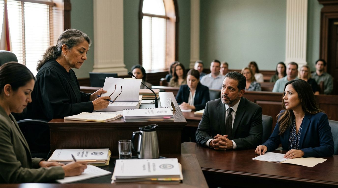 Juez revisando documentos de petición de compromiso involuntario en audiencia de sala de cortes.