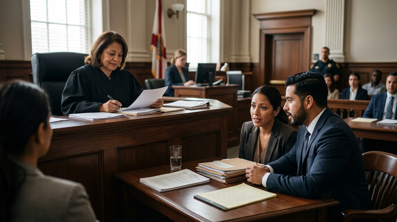 Juez revisando documentos de petición de internamiento involuntario en audiencia de Ley Marchman.