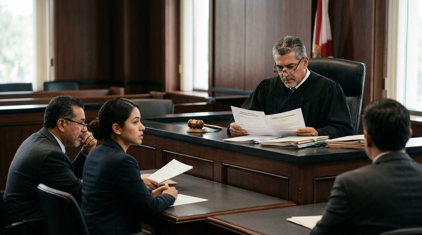 Juez revisando documentos de petición de internamiento involuntario en audiencia de Ley Marchman.