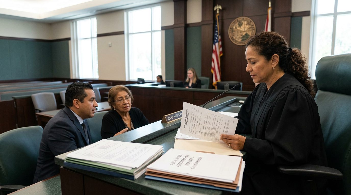 Juez revisando documentos de petición de internamiento involuntario en audiencia Marchman Act.