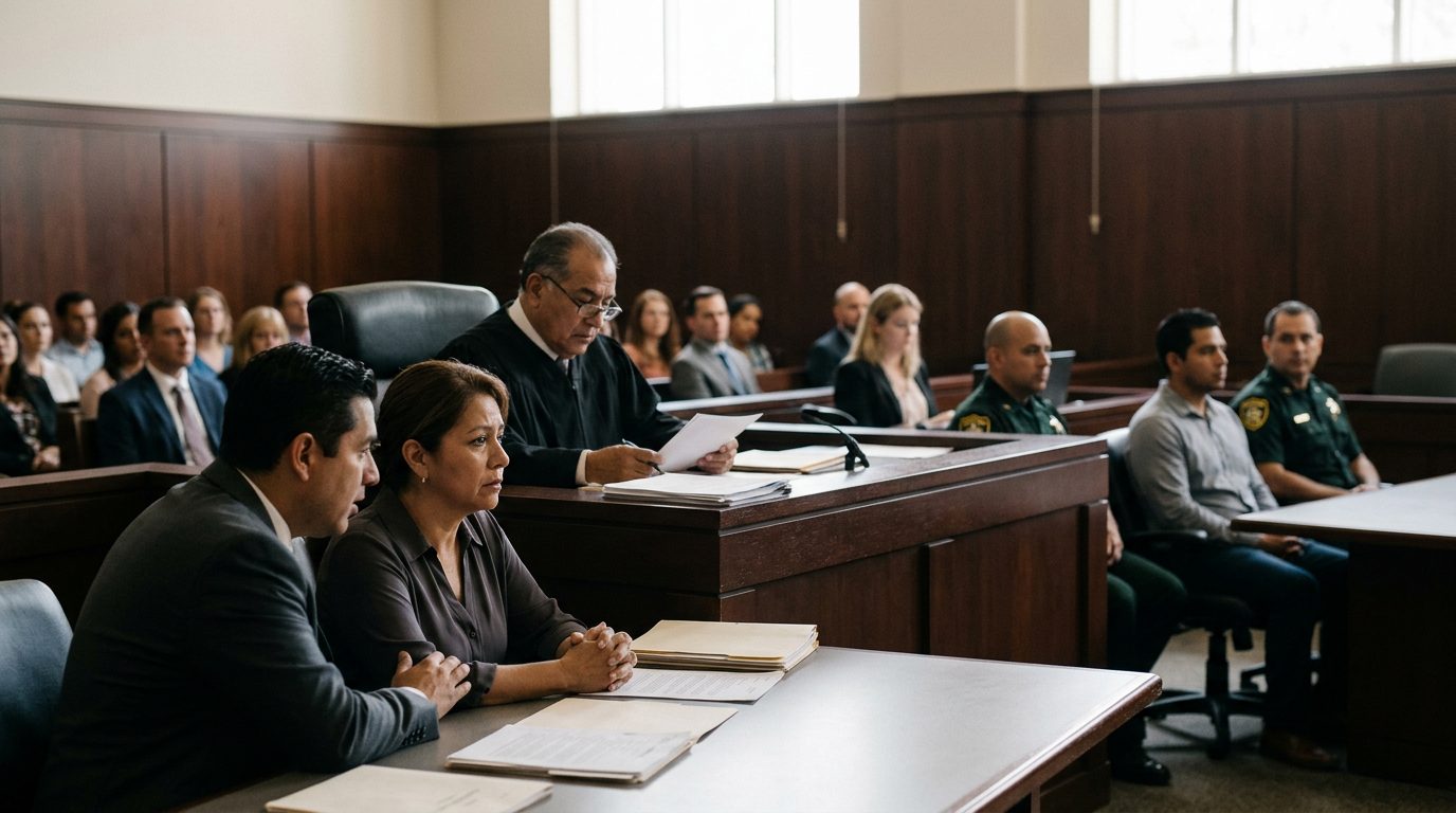 Juez revisando documentos de petición de internamiento involuntario en audiencia de Ley Marchman.