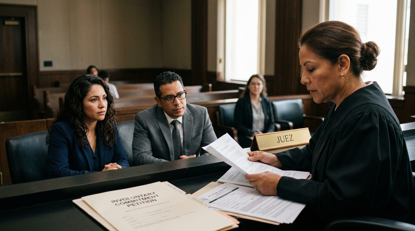 Juez revisando documentos de petición de internamiento involuntario en audiencia Marchman Act.