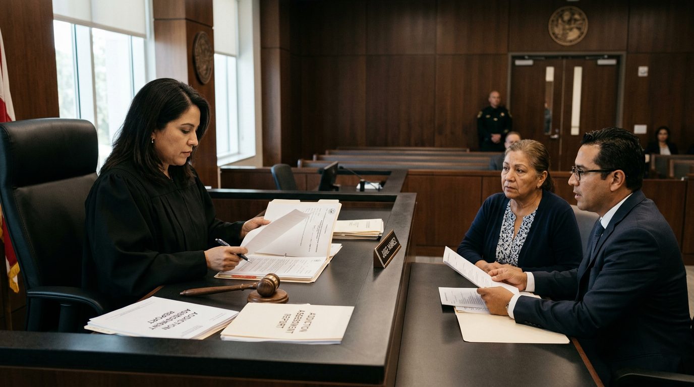 Juez revisando documentos de petición de internamiento involuntario en audiencia de Ley Marchman.