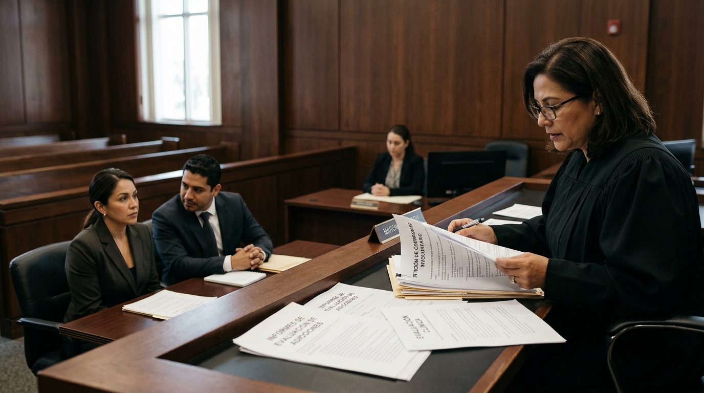 Juez revisando documentos de petición Marchman en sala de audiencias con abogado y reportes de evaluación de adicción.