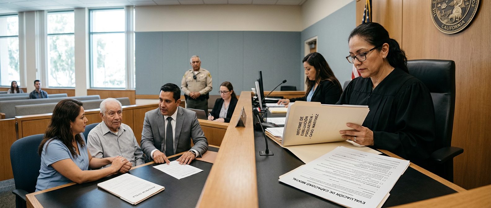 Juez revisando evaluaciones psiquiátricas en audiencia de tutela de salud mental.
