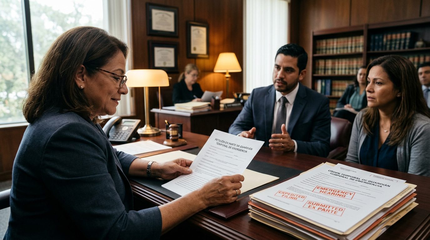 Juez revisando petición urgente en cámara durante audiencia ex parte de tutela temporal.