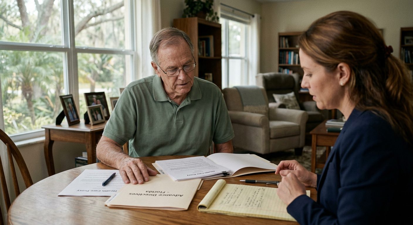 Legal documents, a pen, and a glass of water sit on a wooden desk by a window in a quiet office.