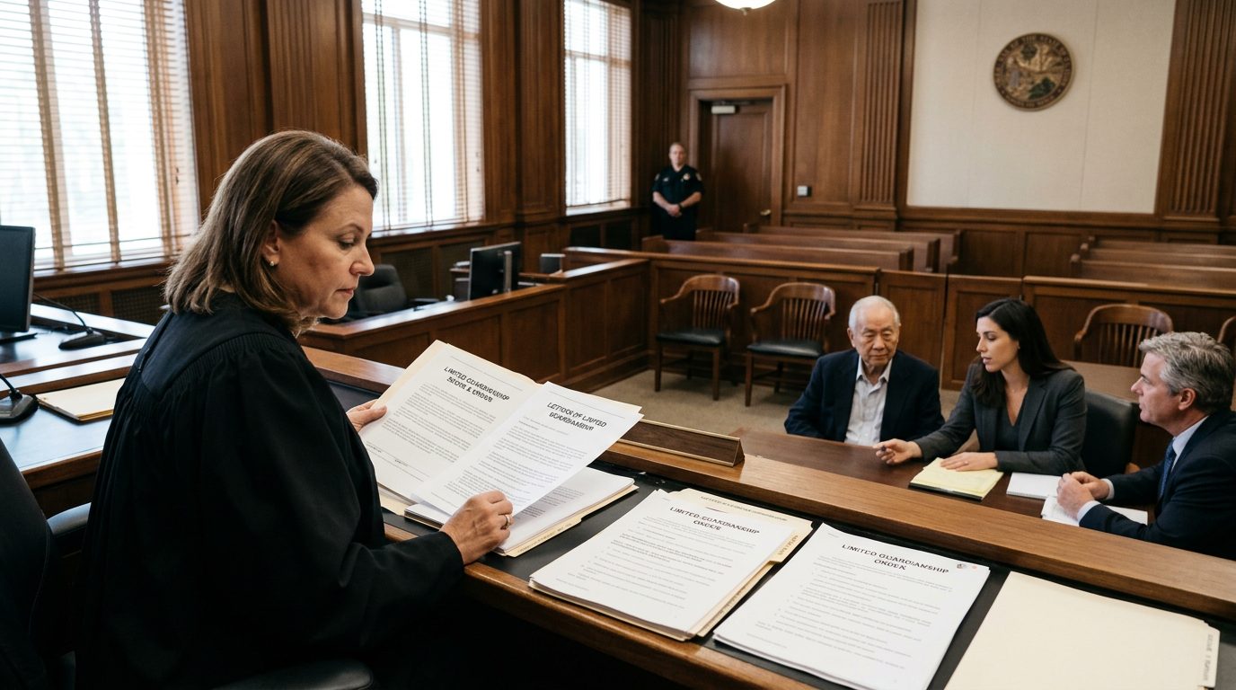 Limited Guardianship Law Firm Miami Dade | Robinson Casey. a courtroom during a limited guardianship hearing, with a judge reviewing scope documents, the defendant present with legal counsel, and a narrowly defined powers order on the bench