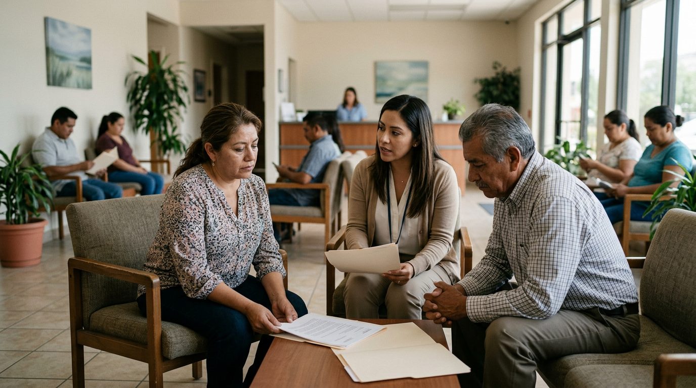 Persona en consulta médica sobre tratamiento de adicción al alcohol.