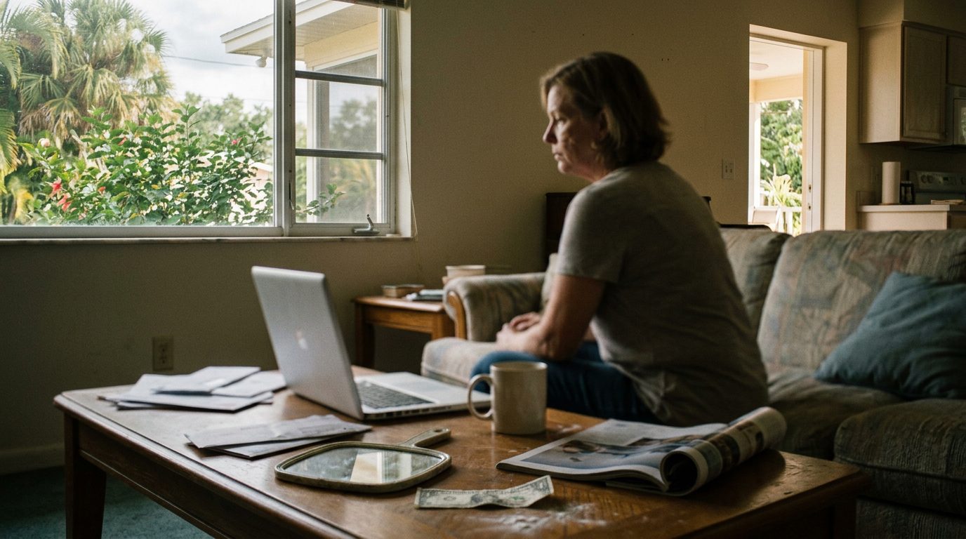 Quiet Florida kitchen at dusk, with a coffee mug and closed notebook on an empty wooden table.