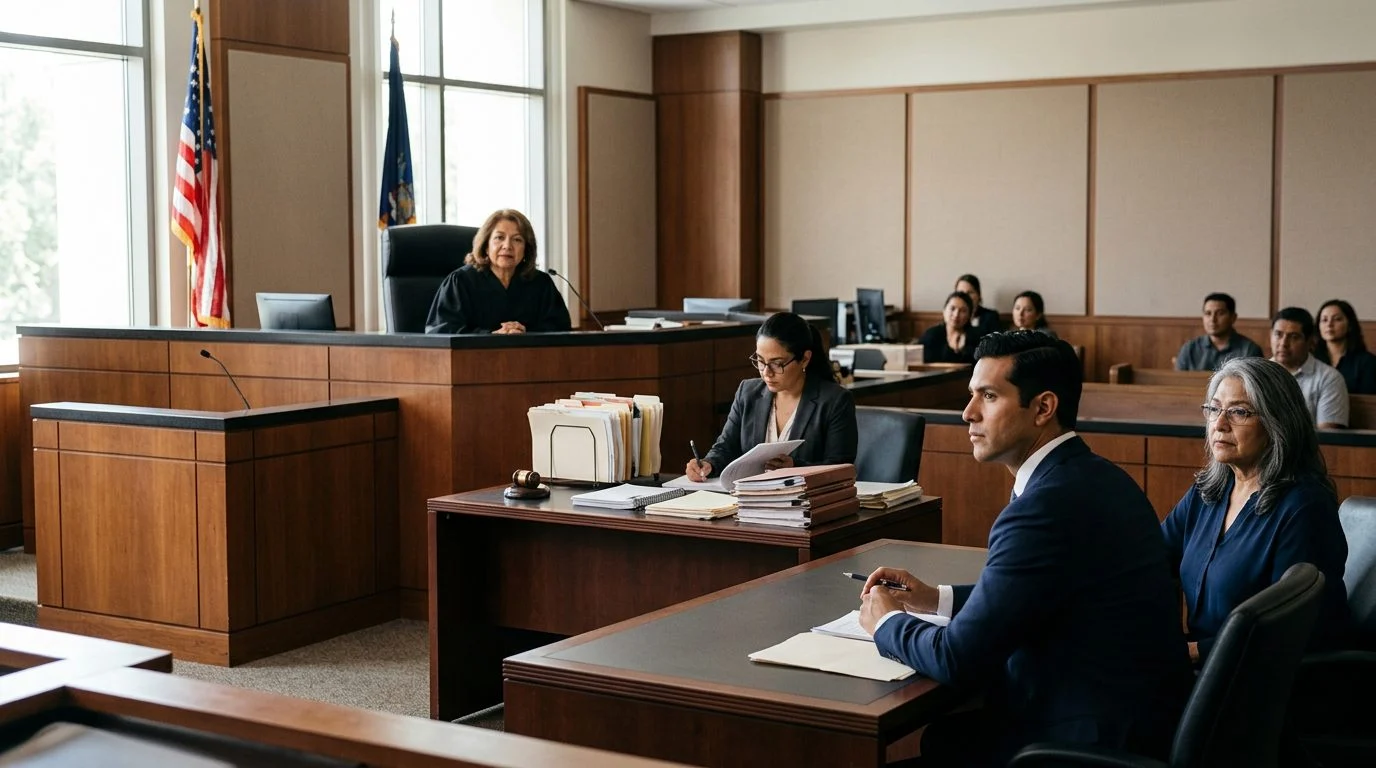 Sala de audiencias con juez, estrado de testigos y expedientes en escritorio durante audiencia de tutela plena.