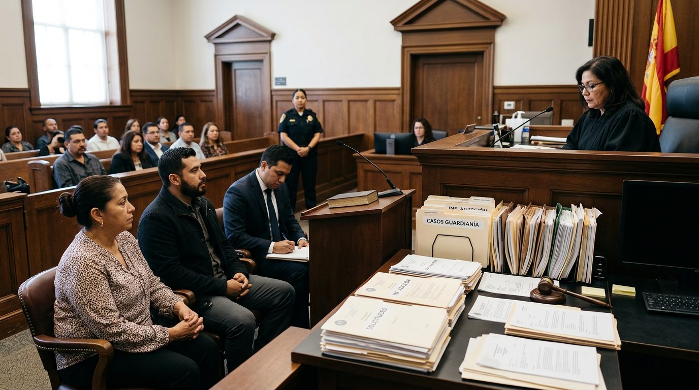 Sala de audiencias con juez, estrado de testigos y expedientes en escritorio durante vista de tutela.