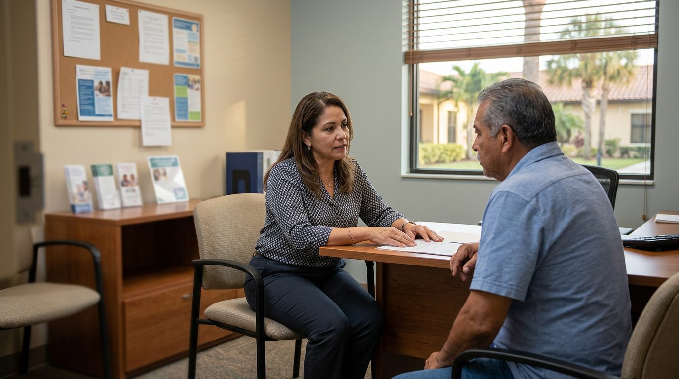 Sala de consulta con profesional de salud mental conversando con paciente en ambiente clínico.
