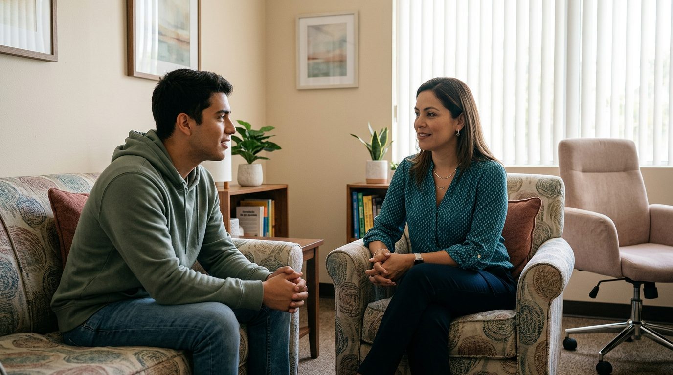 Sala de consulta con profesional de salud mental conversando con paciente en ambiente clínico.