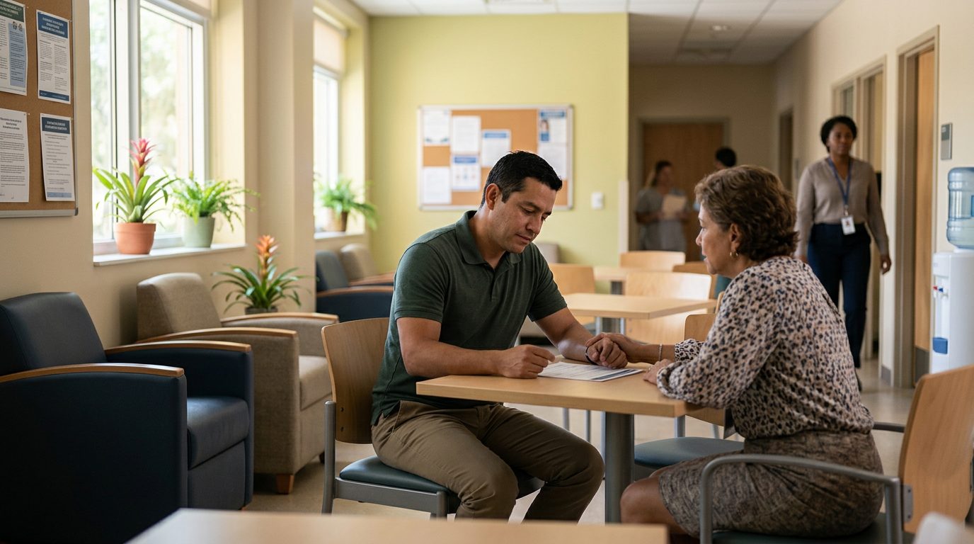 Sala de espera de hospital con personas hispanas esperando consulta psiquiátrica.