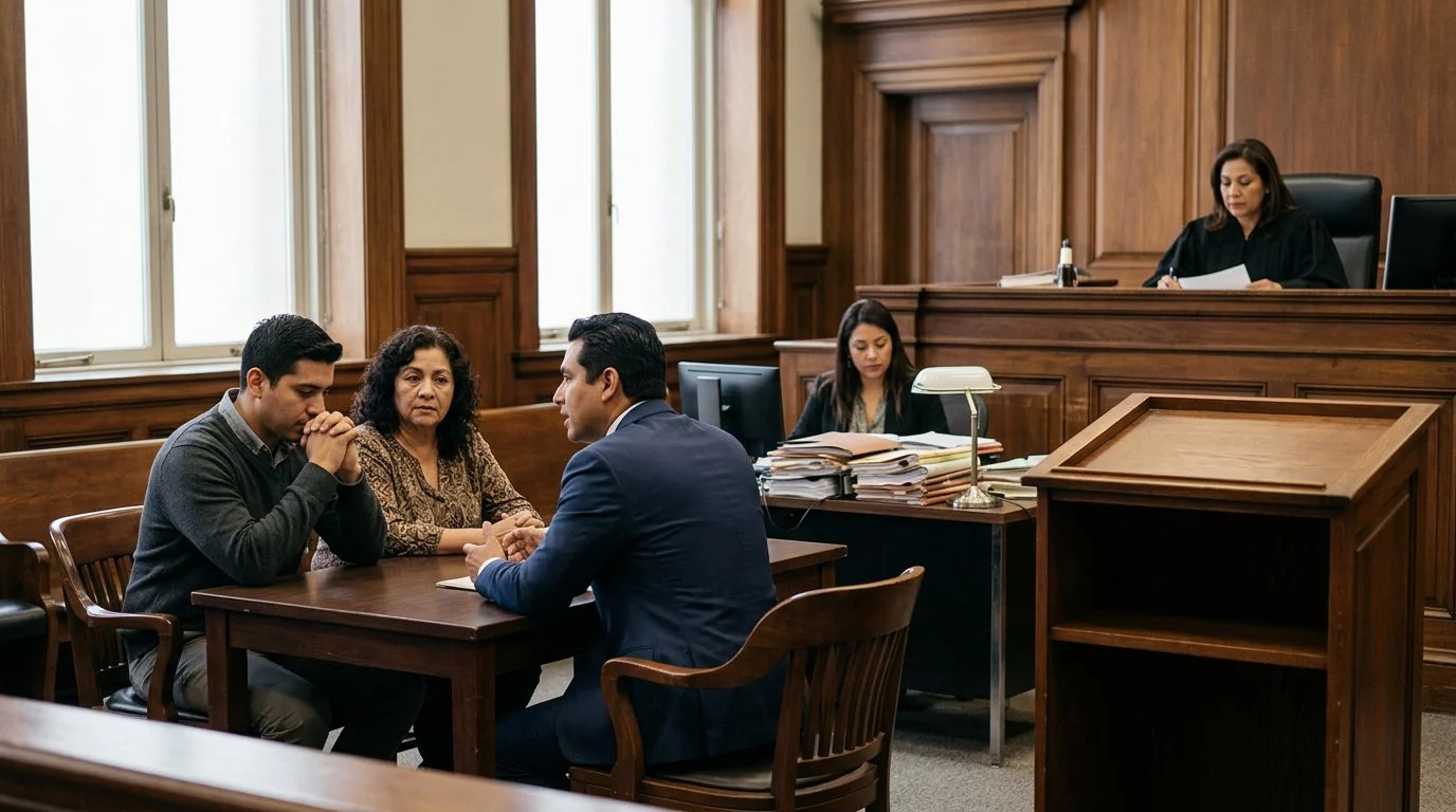 Sala de juzgado con juez, estrado de testigos y expedientes durante audiencia de tutela.