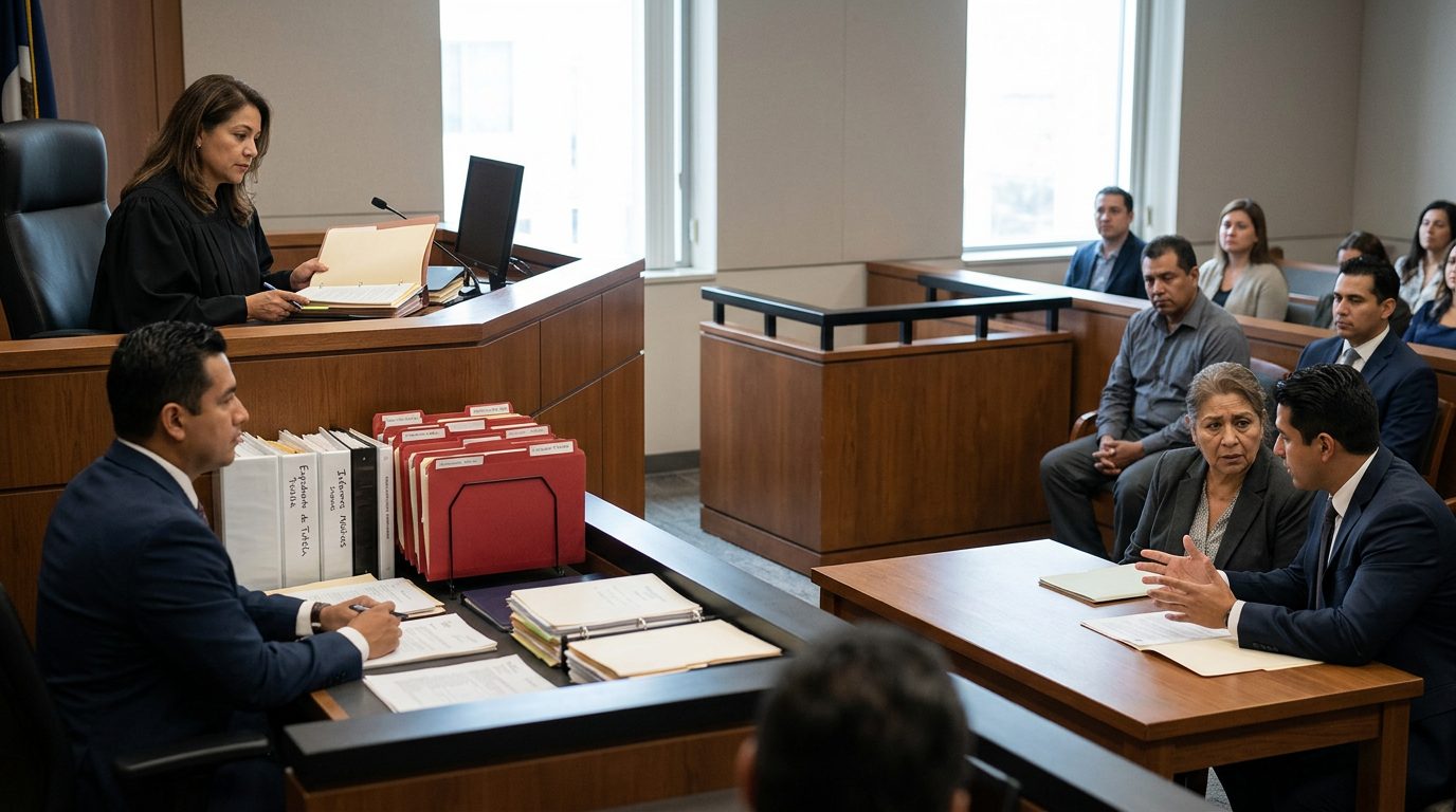 Sala de tribunal con juez, estrado de testigos y expedientes durante audiencia de tutela.