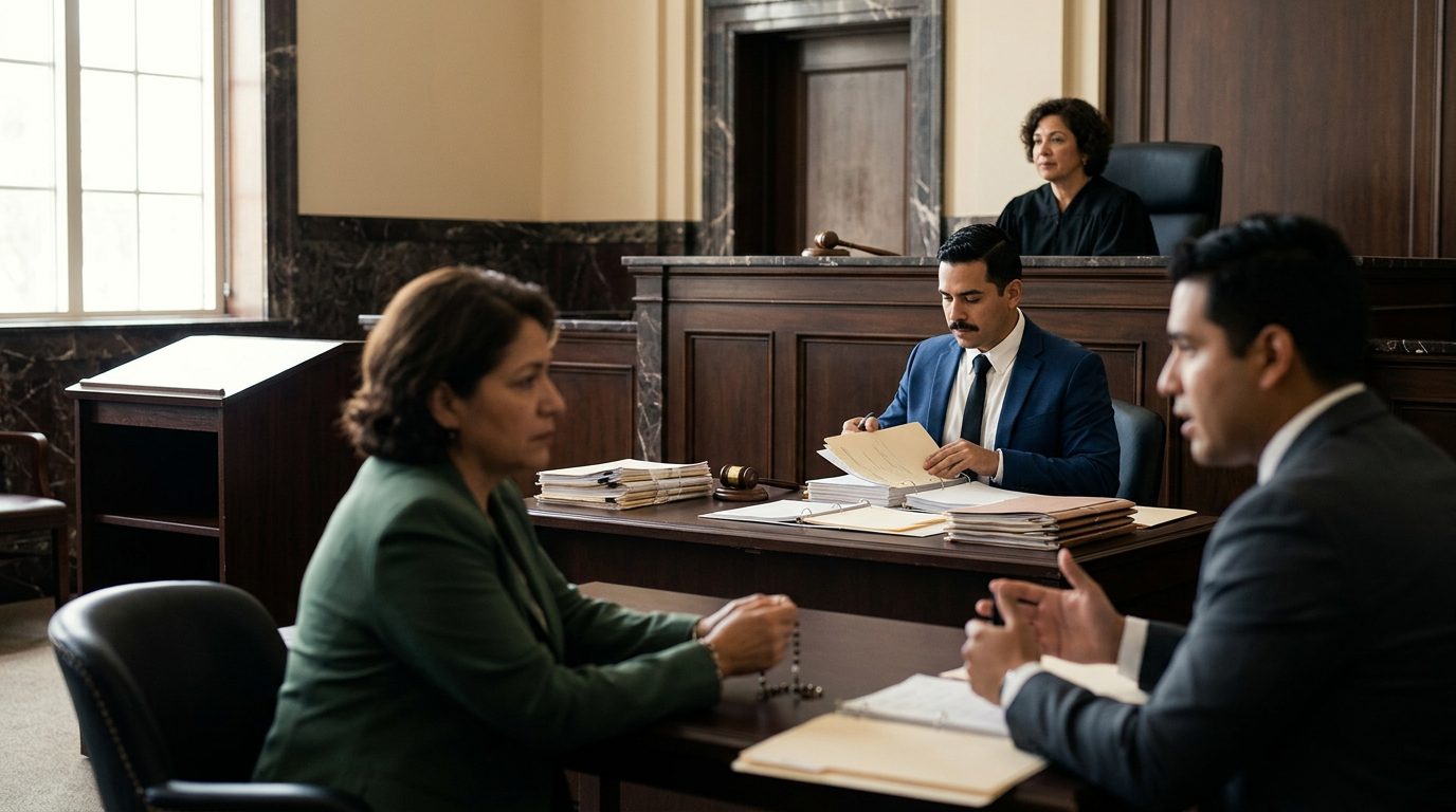 Sala de tribunal con juez, estrado de testigos y expedientes durante audiencia de tutela.