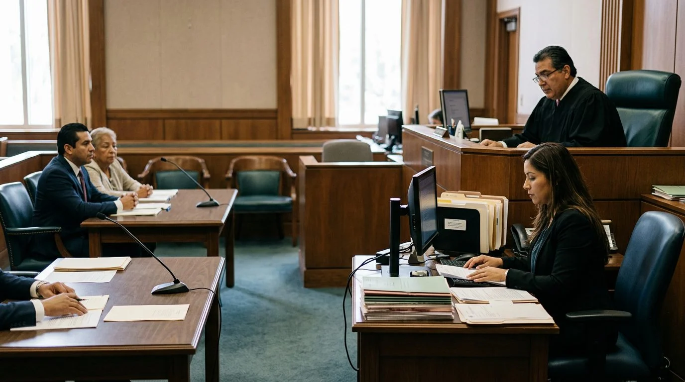 Sala de tribunal con juez, estrado de testigos y expedientes durante audiencia de tutela.
