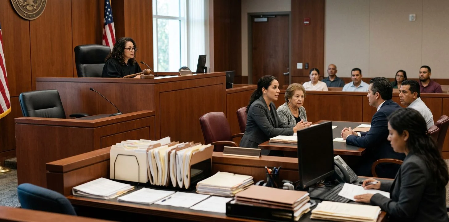 Sala de tribunal con juez, estrado de testigos y expedientes durante audiencia de tutela.