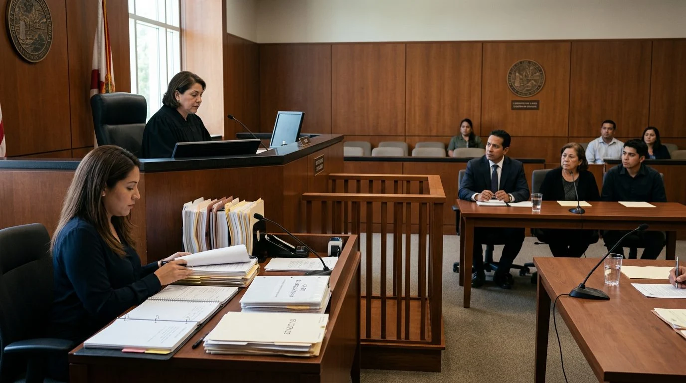 Sala de tribunal con juez, estrado de testigos y expedientes durante audiencia de tutela temporal.