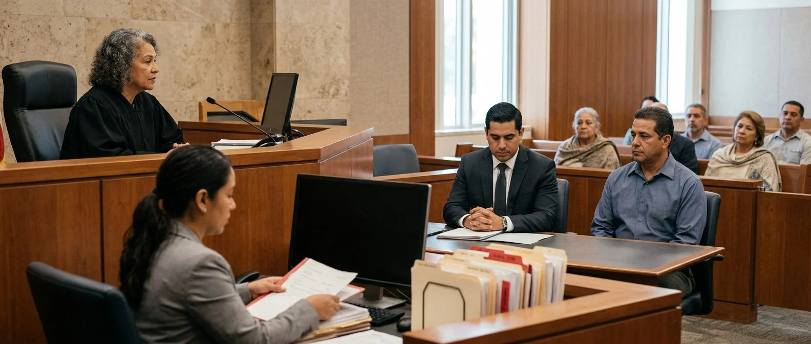 Sala de tribunal con juez, estrado de testigos y expedientes durante audiencia de tutela.