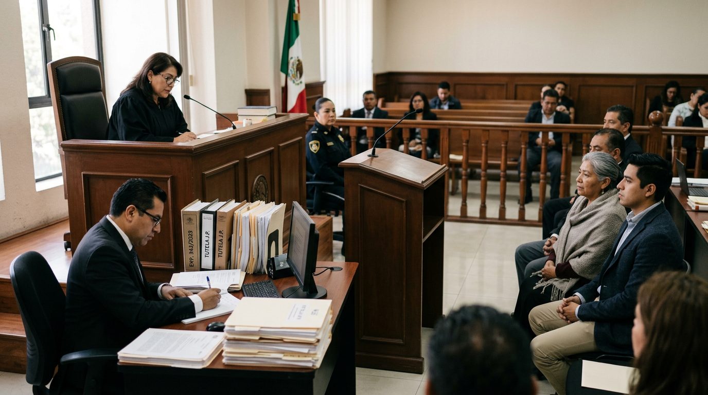 Sala de tribunal con juez, estrado de testigos y expedientes durante audiencia de tutela.